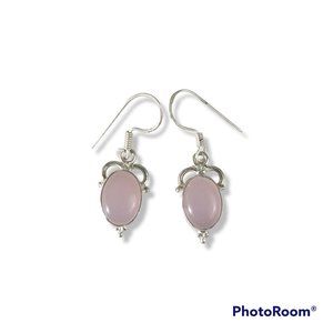 Rose Quartz Drop/Dangle Earrings Oval Cabochon Sterling Silver